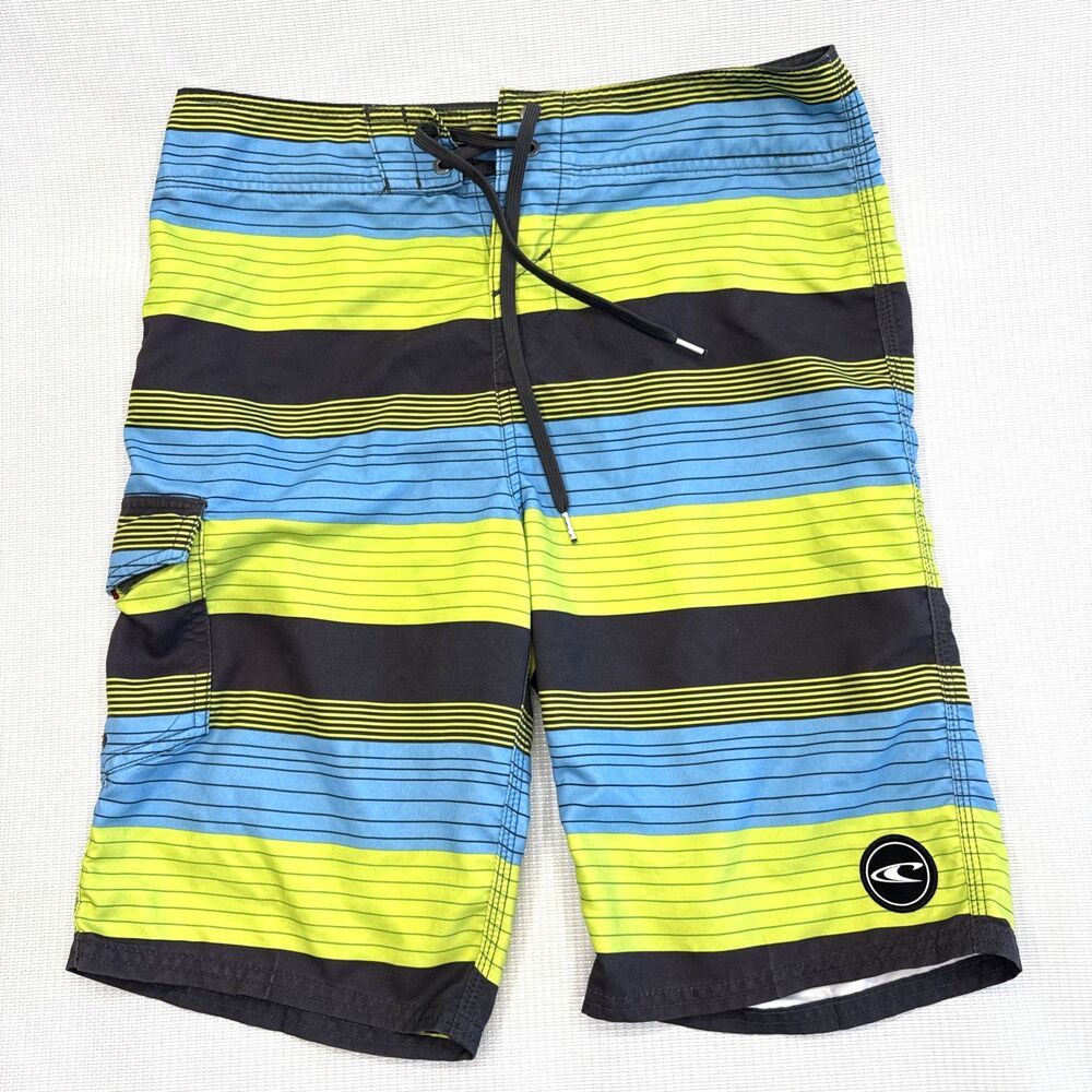 O'Neill Board Shorts Mens Size 29 Green Blue Black Striped Surf Swim Trunks